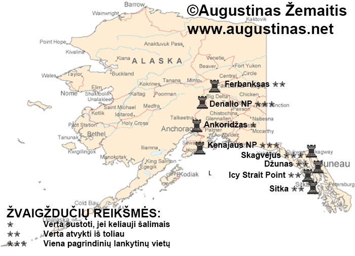 Aliaskos lankytinų vietų žemėlapis. Viliuosi, jis padės susiplanuoti savo kelionę į Aliaską.