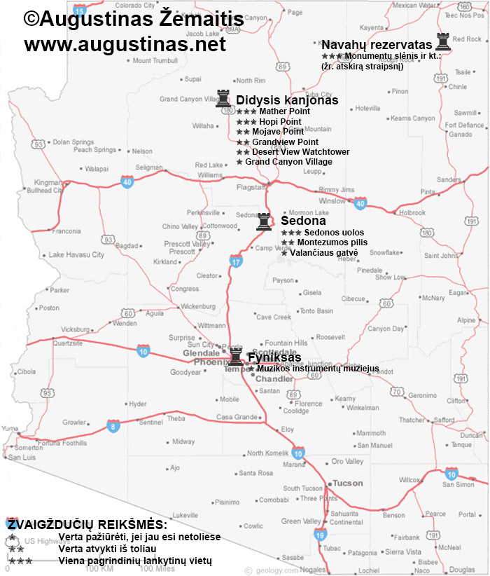 Arizonos lankytinų vietų žemėlapis. Viliuosi, jis padės susiplanuoti savo kelionę į Arizoną.