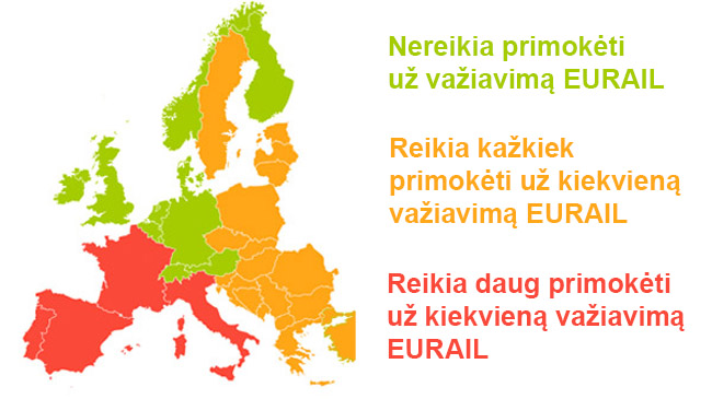 Kur reikia primokėti už traukinio bilietus su Eurail (apytikslis žemėlapis, nes ir toje pačioje šalyje situacija varijuoja)