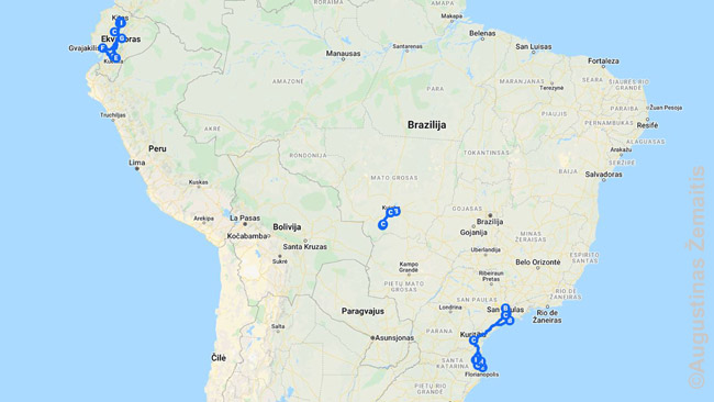 2020 m. lapkričio-gruodžio kelionės į Braziliją ir Ekvadorą maršrutas