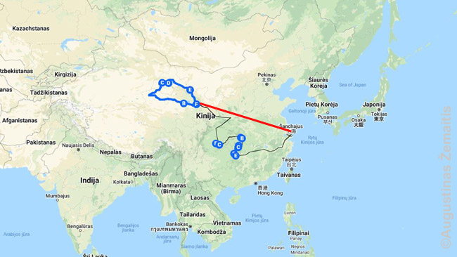 Mano kelionės į Kiniją planas. Iš pradžių nuskridau iš Šanchajaus į Landžou lėktuvu (raudona linija), o vėliau grįžau į Šanchajų automobiliais/autobusais (mėlynos linijos) ir traukiniais laivais (juodos linijos).
