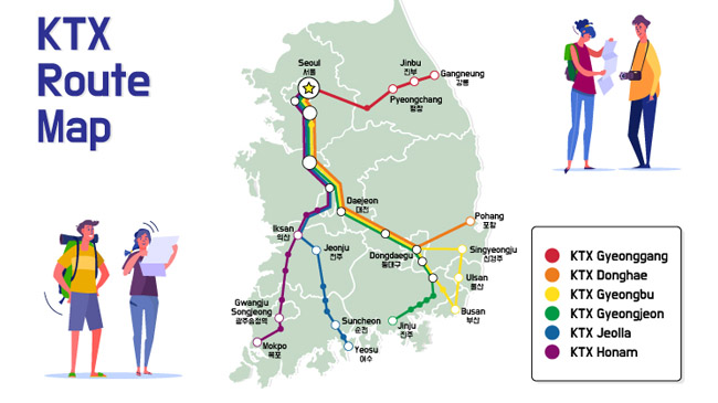 Pietų Korėjos greitųjų geležinkelių žemėlapis. Per keturias dienas galėjome suvažinėti pirmyn-atgal keturiom linijom.