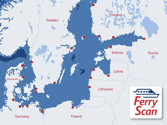 Pagrindiniai Baltijos jūros keltų uostai pažymėti raudonais taškais
