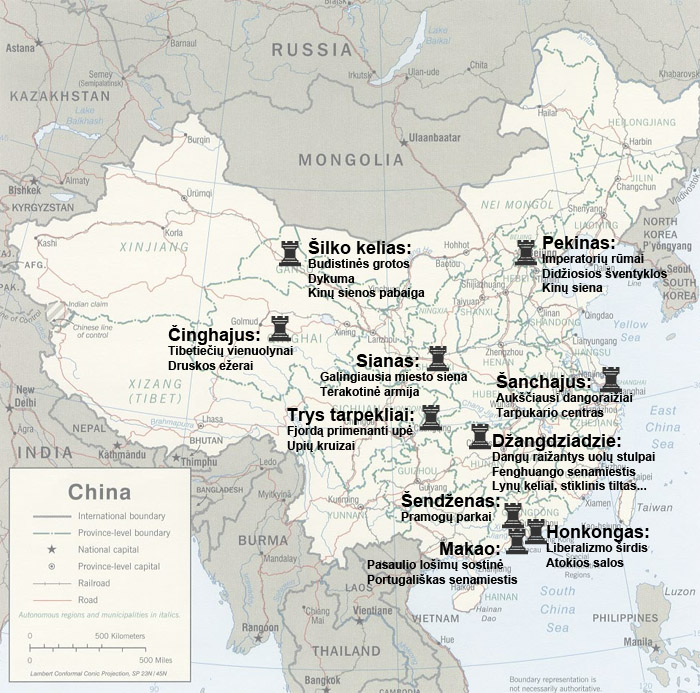 Pagrindinių Kinijos lankytinų vietų telkinių žemėlapis