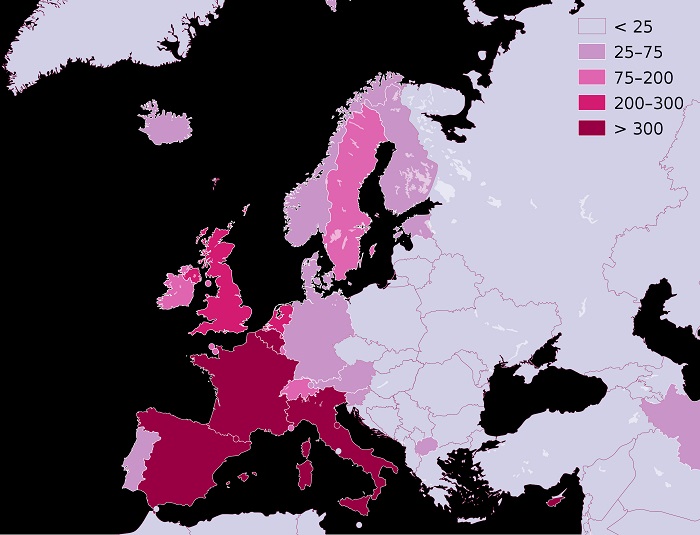 Mirtys nuo koronaviruso Europoje 1 000 000 gyventojų 2020 04 19 dieną. Kaip matyti, Vakarų Europa paveikta daug kartų labiau, nei Rytų Europa