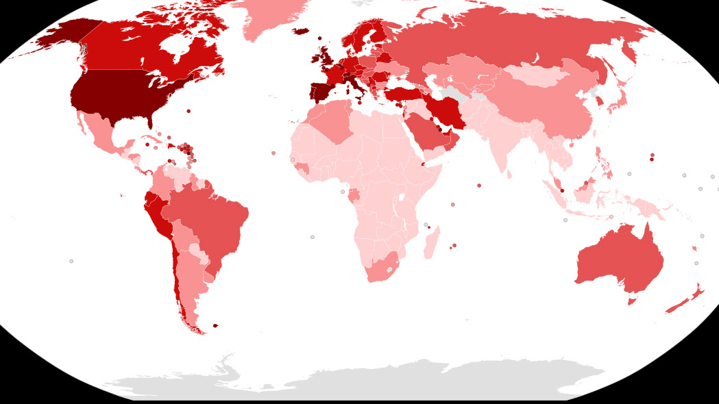 Koronaviruso paplitimas 2020 m. balandžio viduryje palyginus su gyventojų skaičiumi. Didžiausias - vėsaus klimato šalyse - šiaurės pusrutulyje, Andų kalnų regione, Turkijos/Irano plynaukštėse