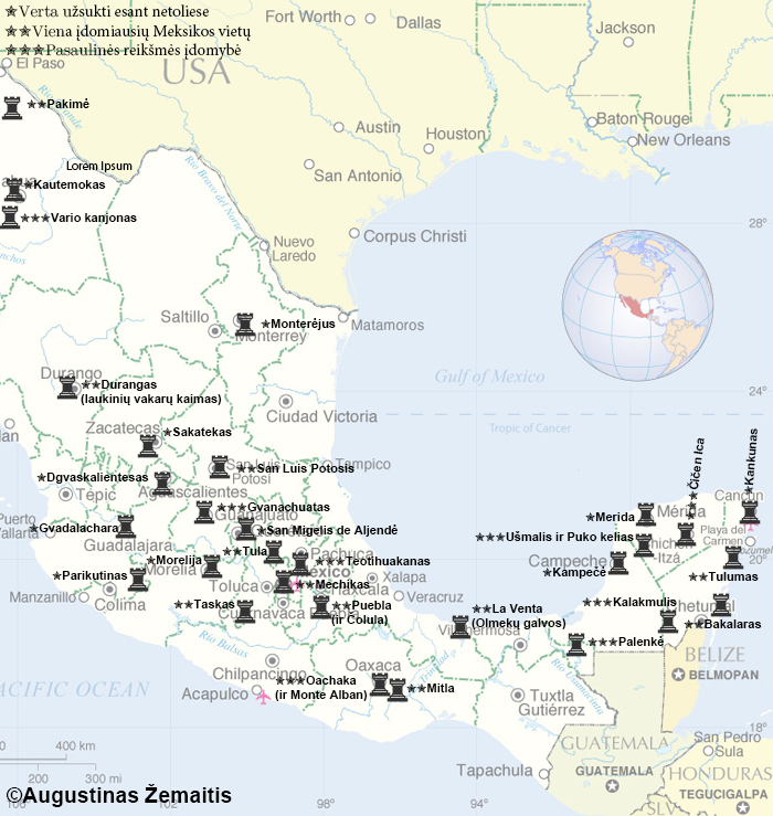 Meksikos žemėlapis su pažymėtomis lankytinomis vietomis ir įdomybėmis, kurias lankiau, ir mano nuomone apie jas. Galbūt jis padės jums susiplanuoti savo kelionę