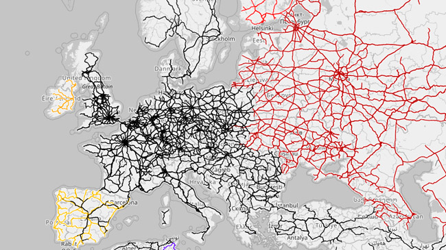 Europos geležinkelio linijų vėžės (pagal Open Railway Map)