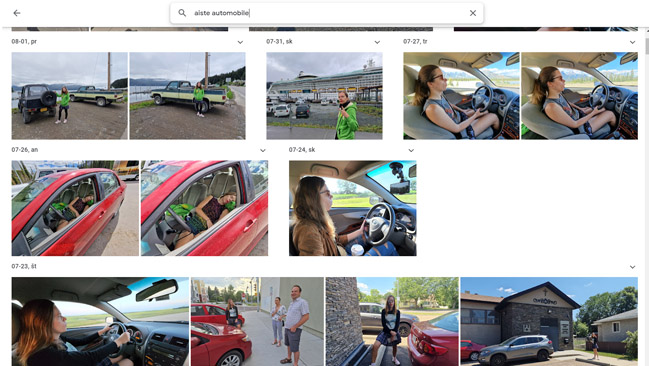 Google Photos įvedus "Aistė automobile". Kai kurios nuotraukos nesusijusios, kai kurių usijusių neranda - bet jei reikia rasti, tarkime, nuotraukų kelionių automobiliu, kur Aistė vairuoja - tai puikiai greitai rasi