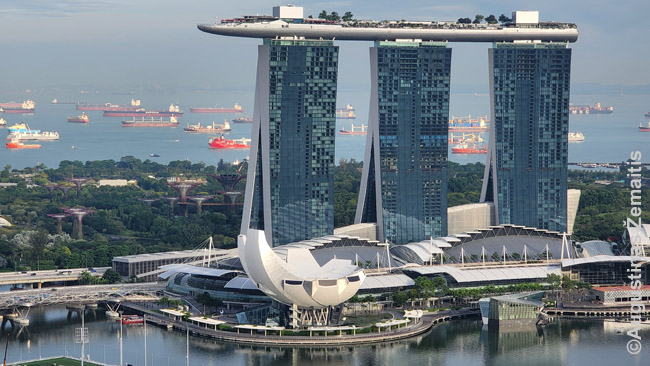 Terasa su baseinu, jungianti tris dangoraižius - 1 hektaro ploto. Anapus - laivai, jų Singapūre mačiau daugiau nei kur kitur, juk šalia - svarbus sąsiauris, kuriuo gabenamos visos prekės iš Kinijos į Europą