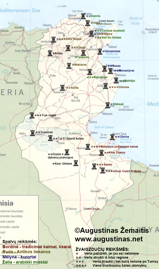  Tuniso lankytinų vietų žemėlapis. Tikimės, jis padės susiplanuoti savo kelionę į Tunisą