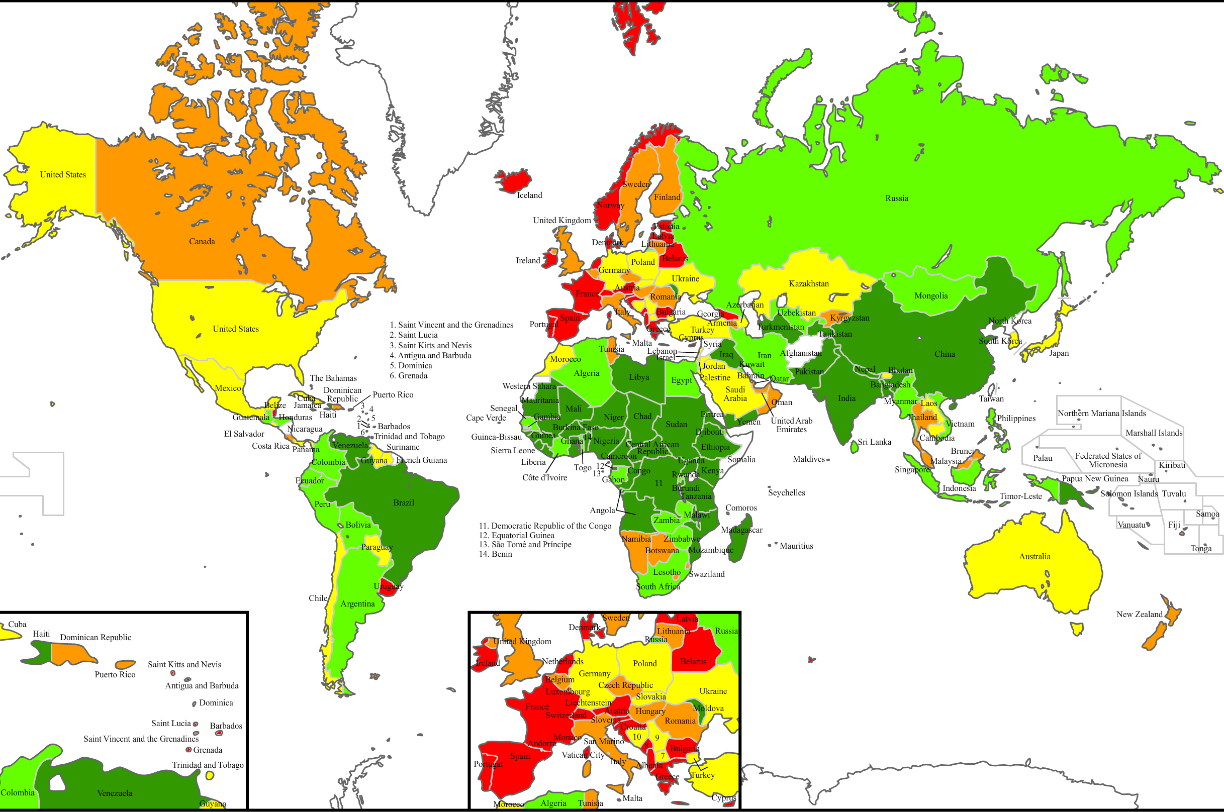 Turizmo žemėlapis. Kuo žalesnė šalis, tuo mažiau turistų (palyginus su gyventojų skaičiumi). Kuo raudonesnė - tuo daugiau.