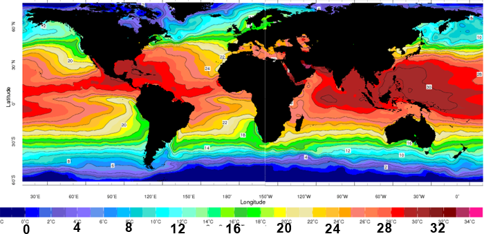 Jūrų (vandenynų) temperatūra liepos menėsį