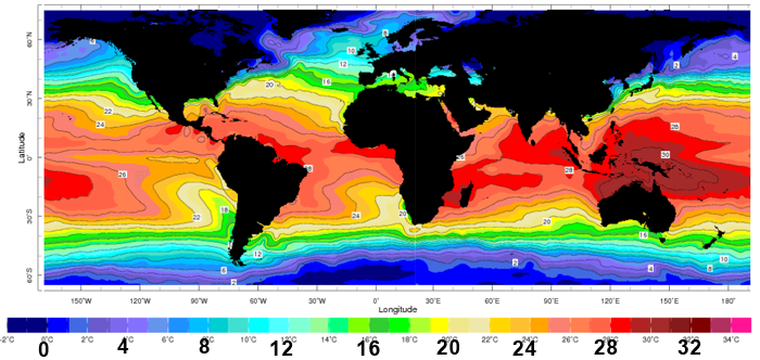 Jūrų (vandenynų) temperatūra sausio menėsį