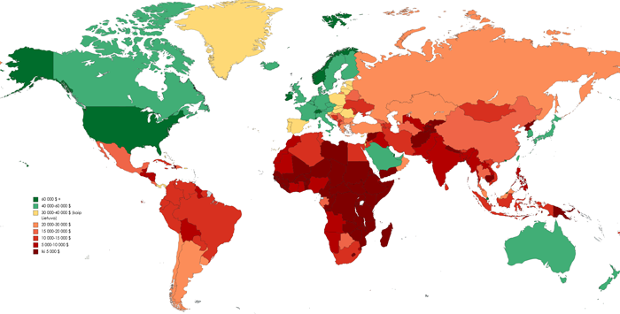 Pasaulio šalių turtingumas pagal BVP (PPP). Žalios šalys - turtingesnės už Lietuvą, raudonos - skurdesnės. Geltonos - panašaus turtingumo, kaip Lietuva. Kuo žalesnė ar raudonesnė šalis - tuo skirtumas nuo Lietuvos didesnis.