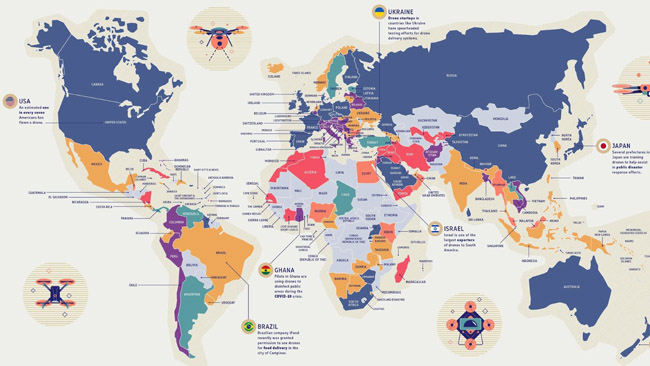 Žemėlapis dėl dronų naudojimo. Mėlyna - legalu, geltona - ribojama, raudona - uždrausta, pilka - žemėlapio autoriams nežinoma.