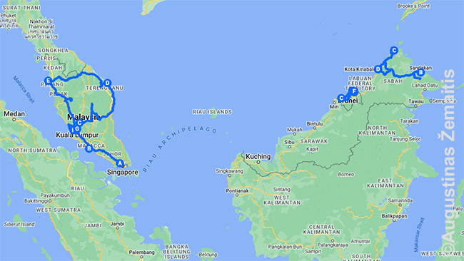 Mano dviejų savaičių atostogų kelionės po Malaiziją ir Brunėjų žemėlapis (mėlynai - nuomotais automobiliais nuvažiuoti maršrutai)