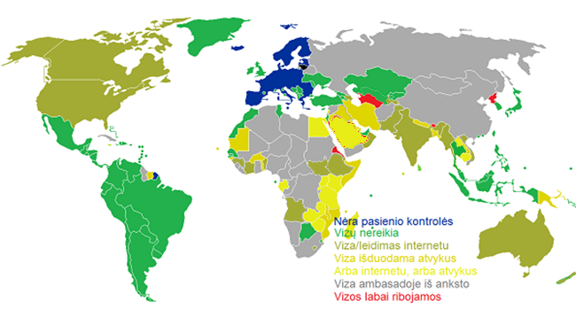 Žemėlapis šalių, kur lietuviams reikia vizų, ir kur nereikia. Į kai kurias šalis vizų gali reikėti arba nereikėti priklausomai nuo to, kaip į jas atvyksti: jos tuomet pažymėtos pagal tą atvykimo būdą, kuriuo atvyksta dauguma lietuvių. Pvz. į JAV reikia internetinio leidimo, ESTA jei atskrendi, ir nereikia, jei įvažiuoji. Tačiau kadangi lietuvių dauguma į JAV atskrenda, pažymėta, kad leidimo reikia
