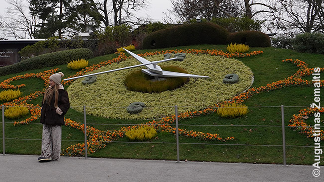 Turistai fotografuojasi prie Gėlių laikrodžio, vieno Ženevos simbolių