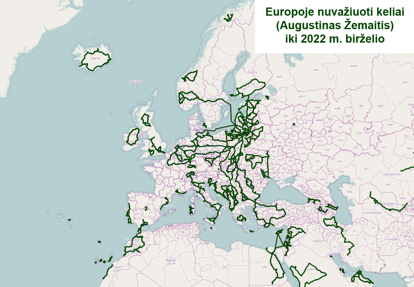 Mano nuvažiuotų ir nuplauktų kelių Europoje žemėlapis, sudarytas aukščiau aprašytu būdu (iki 2022 m. birželio)