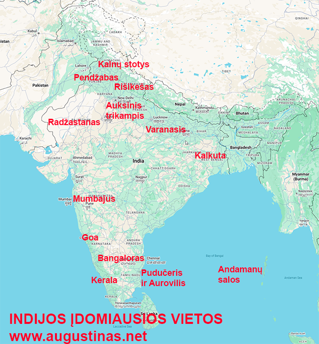 Žemiau aprašytos Indijos turistinės zonos žemėlapyje