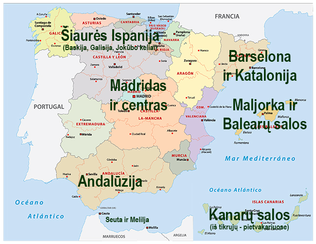 Pagrindiniai Ispanijos turistiniai regionai